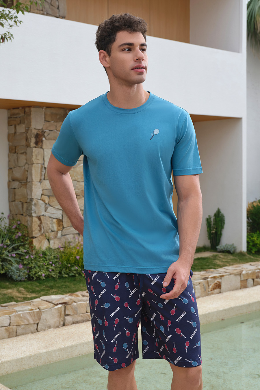 SCHIESSER舒雅26年早春新品男士圆领纯棉印花宽松大码家居服套装