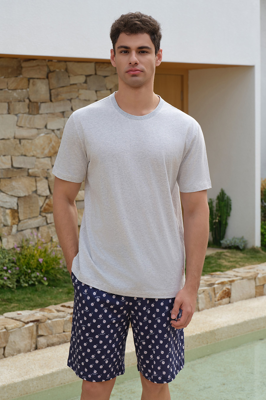 SCHIESSER舒雅26年早春新品男士圆领纯棉印花宽松大码家居服套装