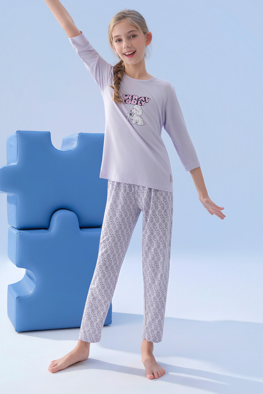 SCHIESSER舒雅26年早春新品中大童女童莫代尔潮酷小狗家居服套装