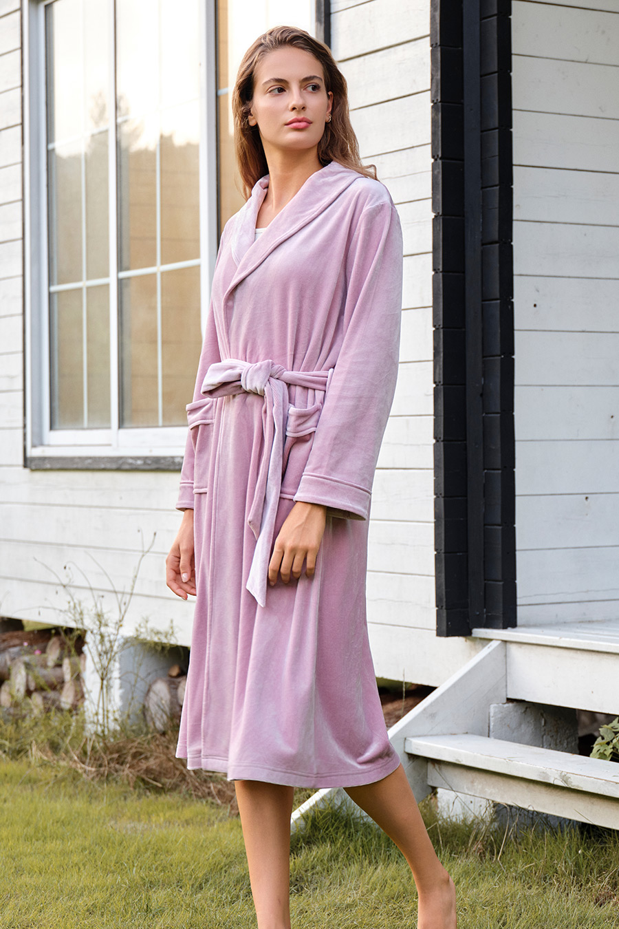 SCHIESSER舒雅26年秋新品女士天鹅绒青果领宽松系带家居睡袍