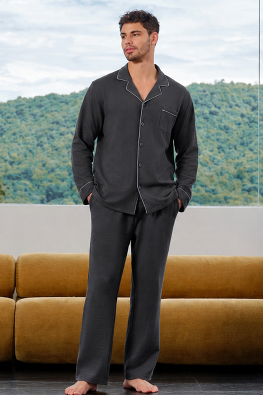 SCHIESSER舒雅26秋新品男士棉质翻领提花布加大码睡衣家居服套装