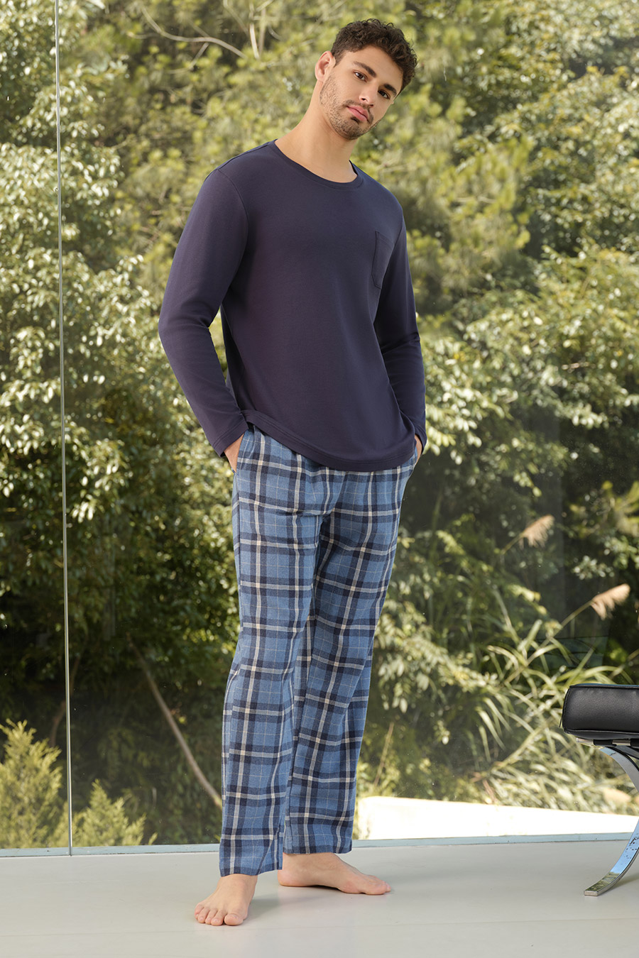 SCHIESSER舒雅26年秋新品男士纯棉圆领磨毛加大码睡衣家居服套装