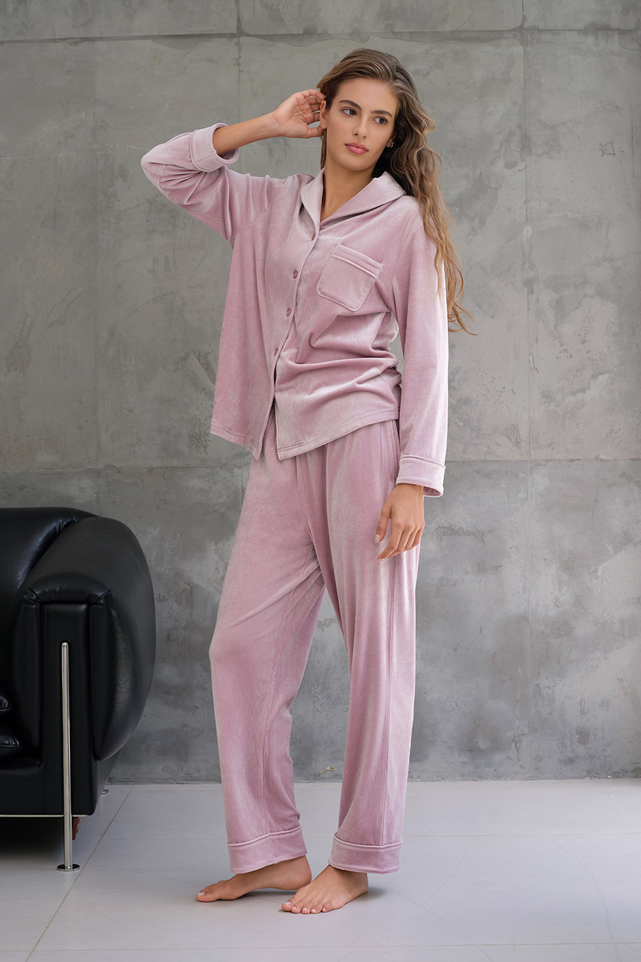 SCHIESSER舒雅26年秋新品女士天鹅绒青果领加大码睡衣家居服套装