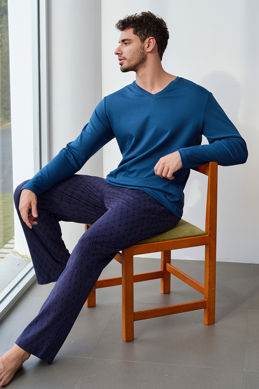 SCHIESSER舒雅26秋新品男士40S纯棉双面布V领大码睡衣家居服套装