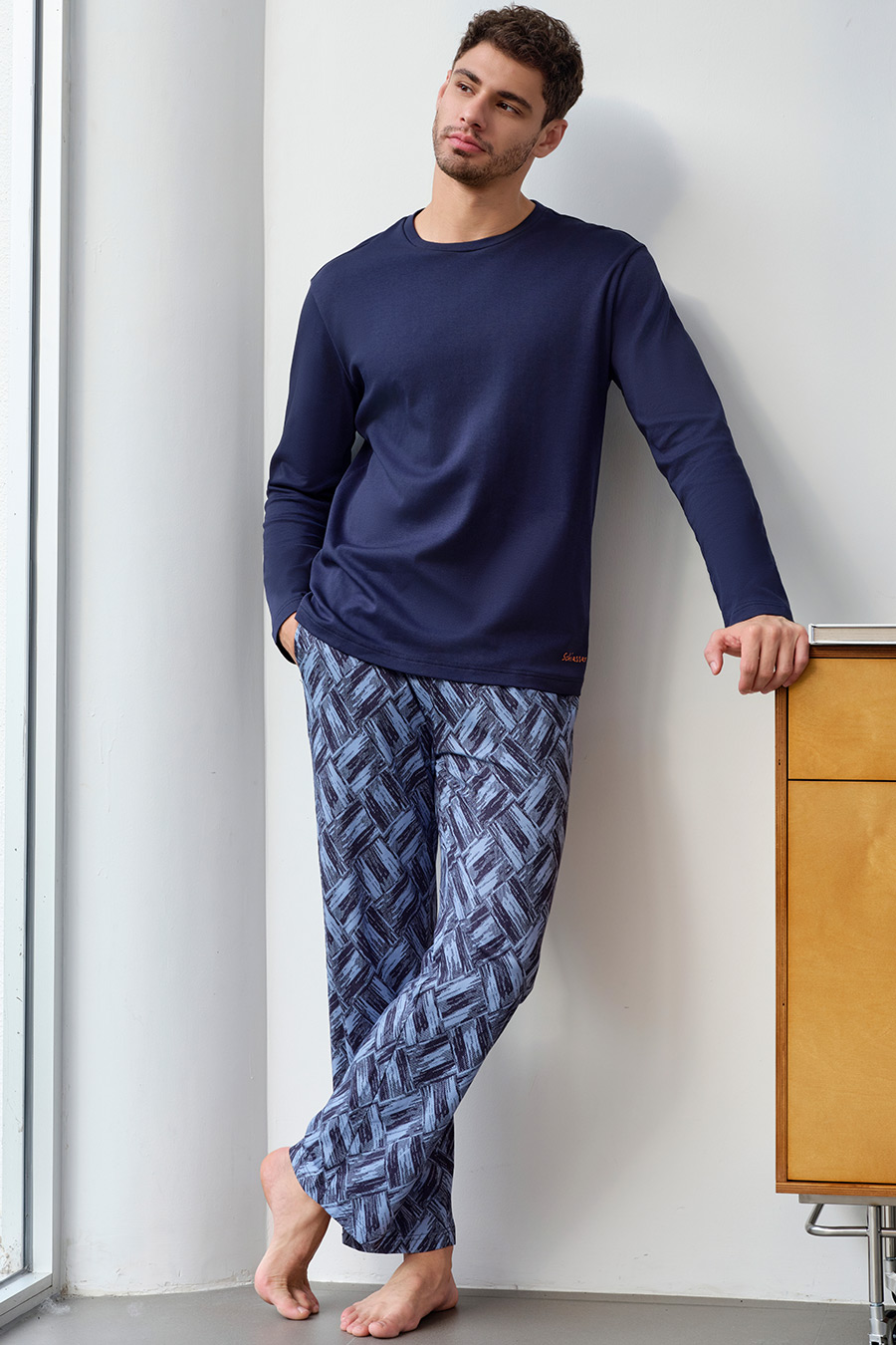 SCHIESSER舒雅26年秋新品男士40S纯棉双面布圆领加大码家居服套装