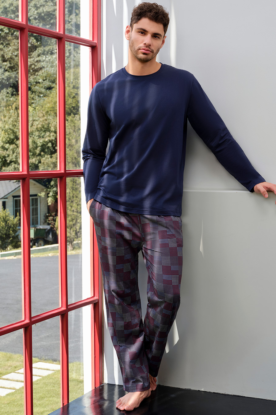 SCHIESSER舒雅26年秋新品男士40S纯棉双面布圆领加大码家居服套装