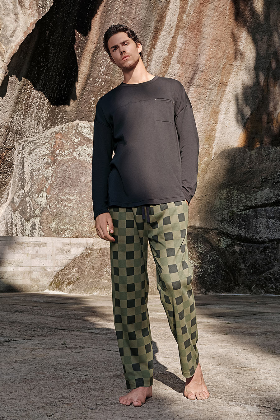 SCHIESSER舒雅25早秋新品男士純棉棋盤格圓領大碼睡衣家居服套裝