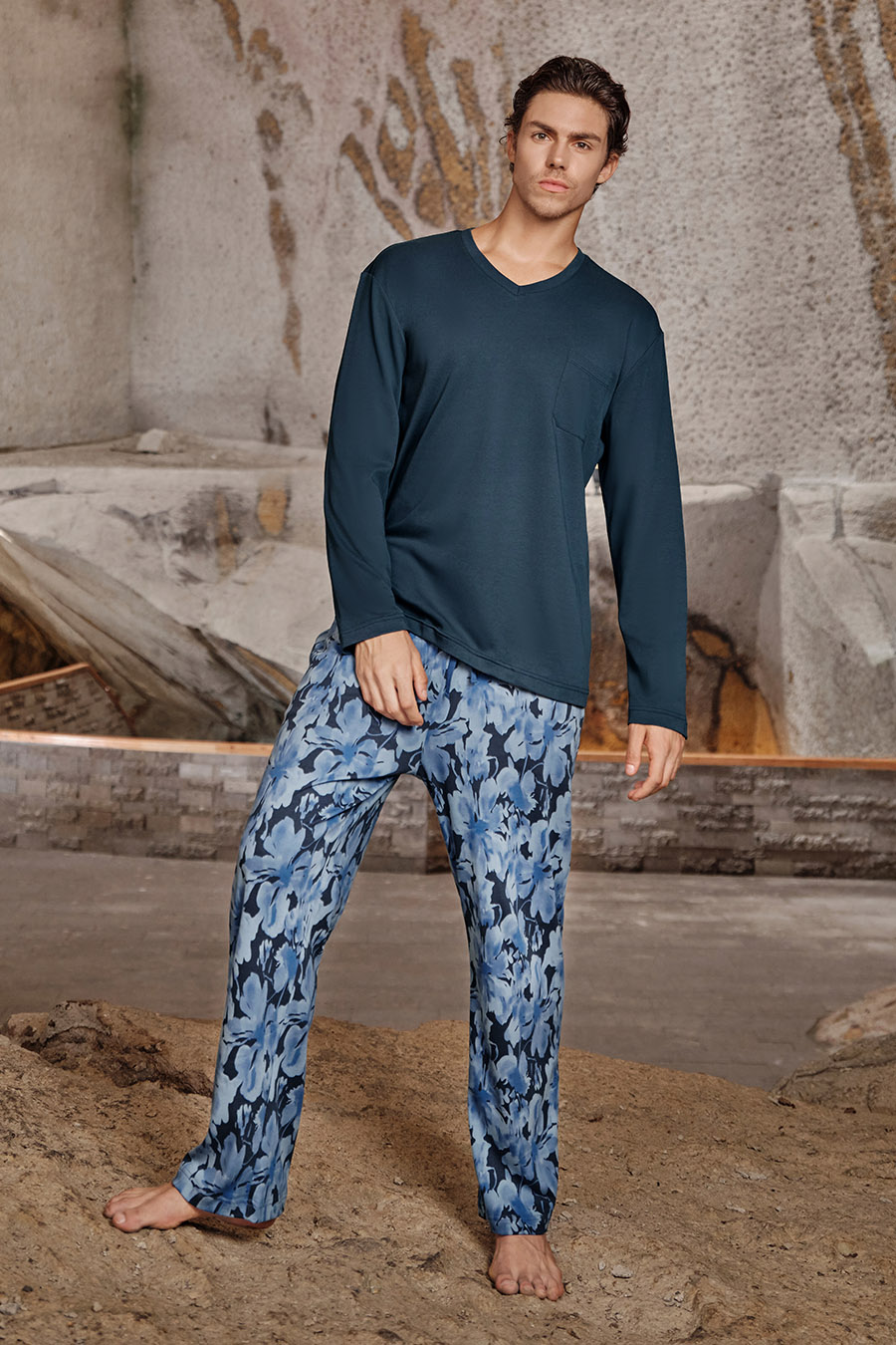 SCHIESSER舒雅25早秋新品男士純棉印花V領大碼睡衣家居服套裝