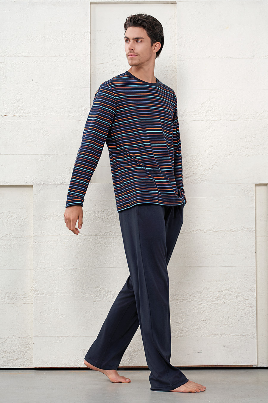 SCHIESSER舒雅25早秋新品男士棉莫代爾條紋加大碼睡衣家居服套裝