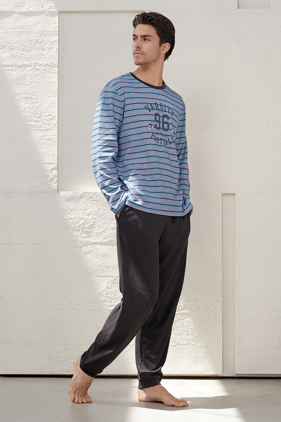 SCHIESSER舒雅25年早秋新品男士純棉條紋圓領大碼睡衣家居服套裝