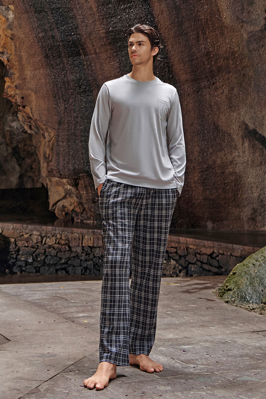 SCHIESSER舒雅25年早秋新品男士棉質格子圓領大碼睡衣家居服套裝